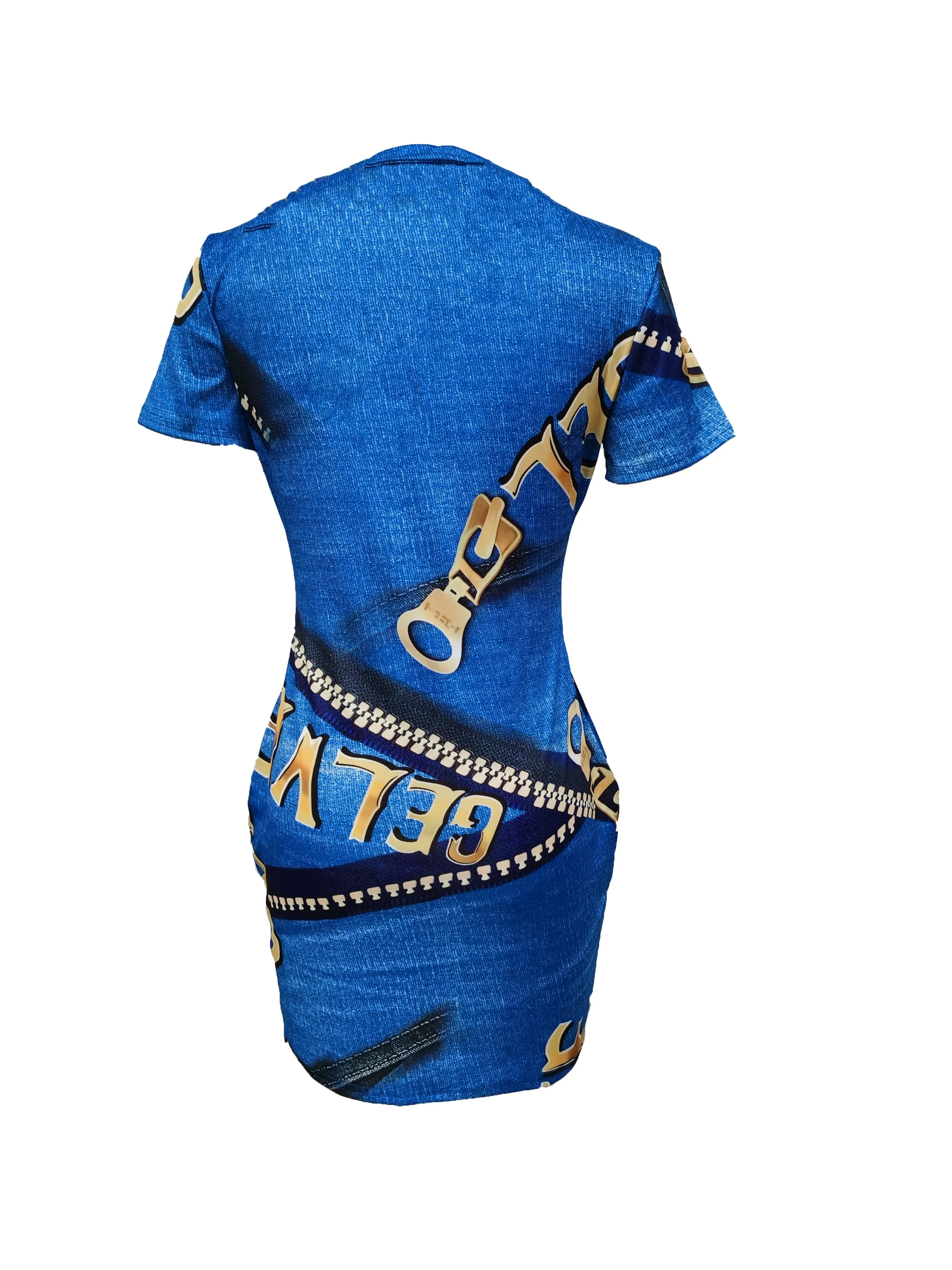 deanwangkt-1 V-neck Zipper Print Slim Dress, Casual Short Sleeve Waist Summer Bodycon Dresses, Women's Clothing - Deanwangkt