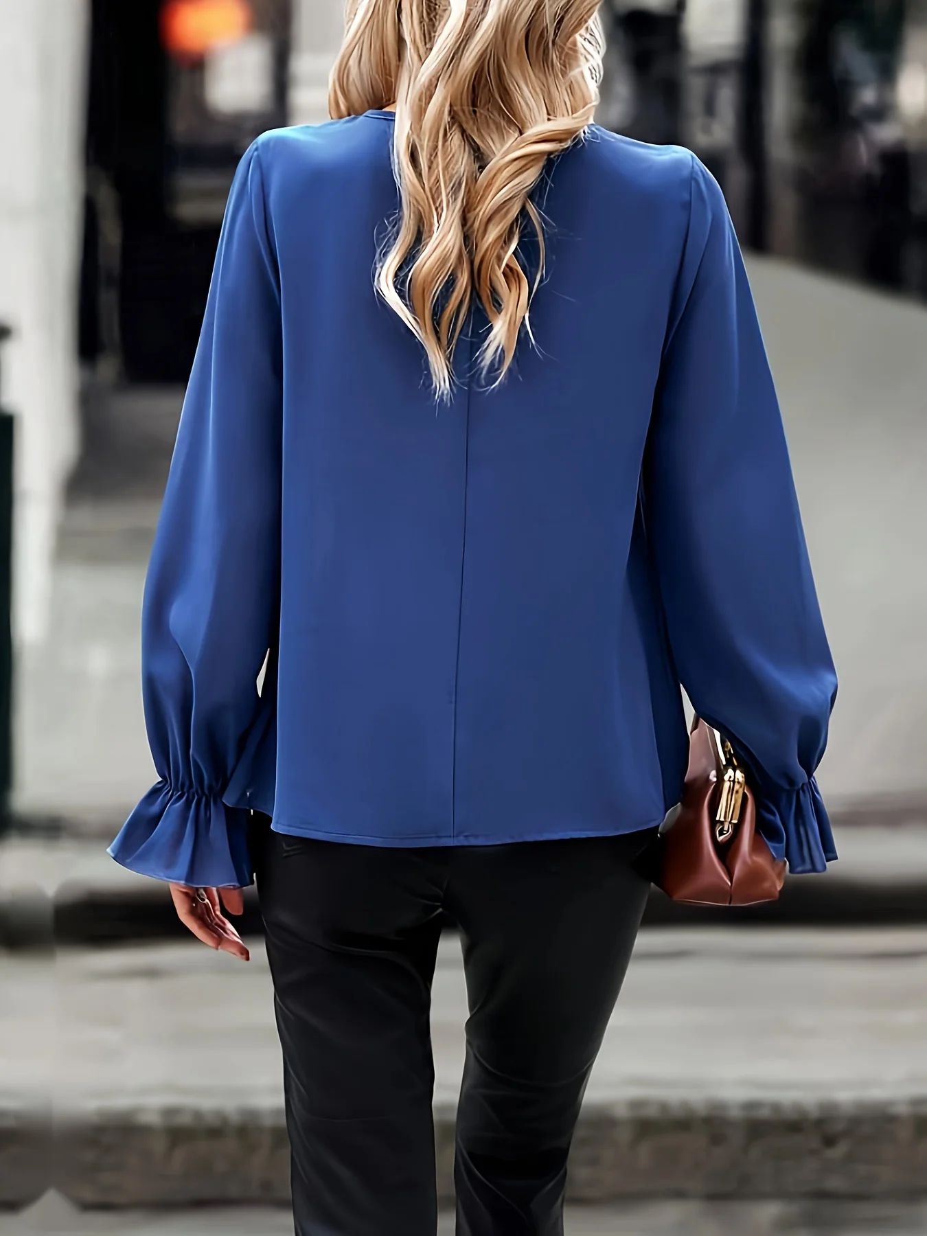 deanwangkt Solid Ruffle Sleeve Keyhole Chain Front Blouse, Long Sleeve Elegant Blouse, Women's Cloting - Deanwangkt