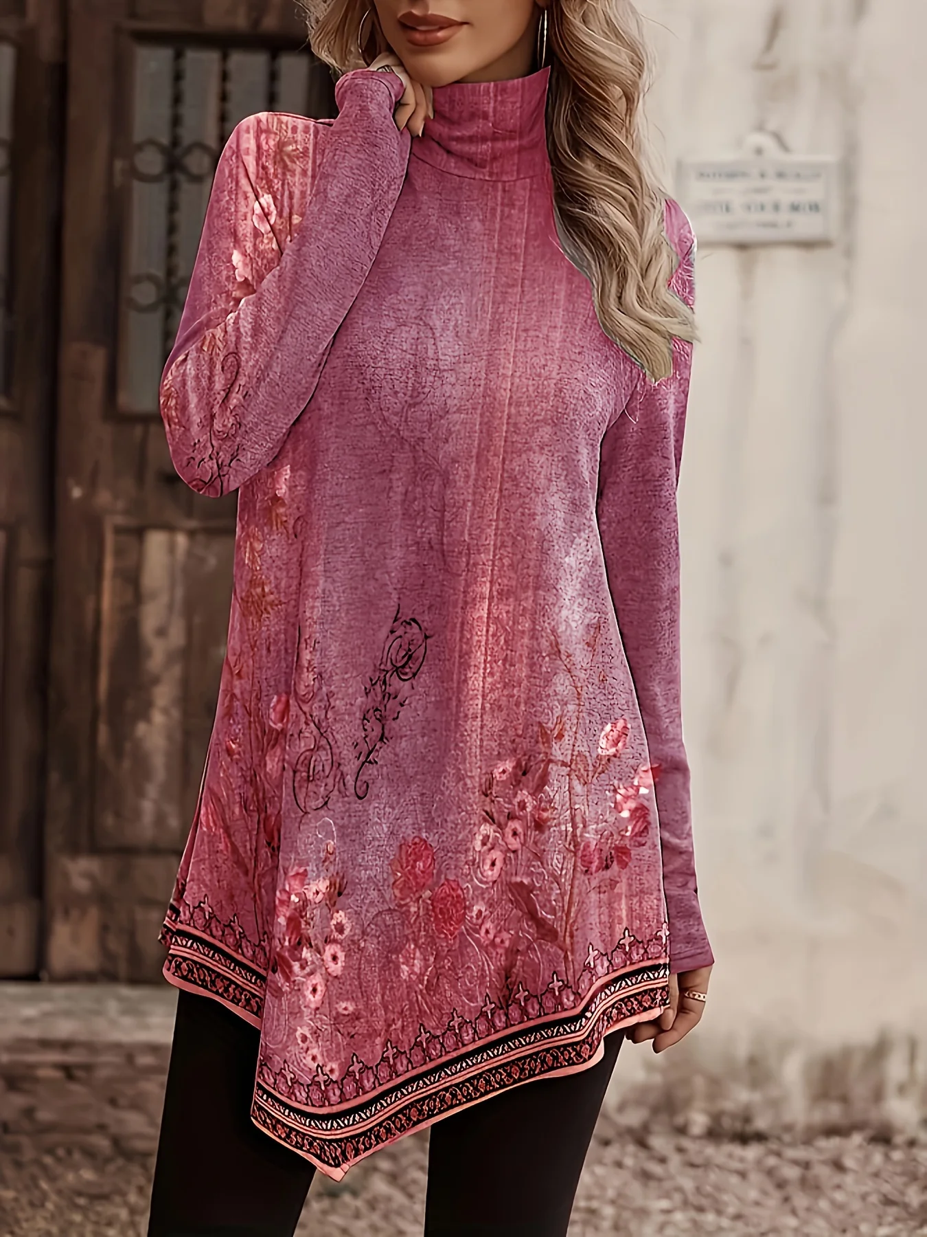 Floral Print Turtleneck T-Shirt, Casual Long Sleeve Top For Spring & Fall, Women's Clothing - Deanwangkt