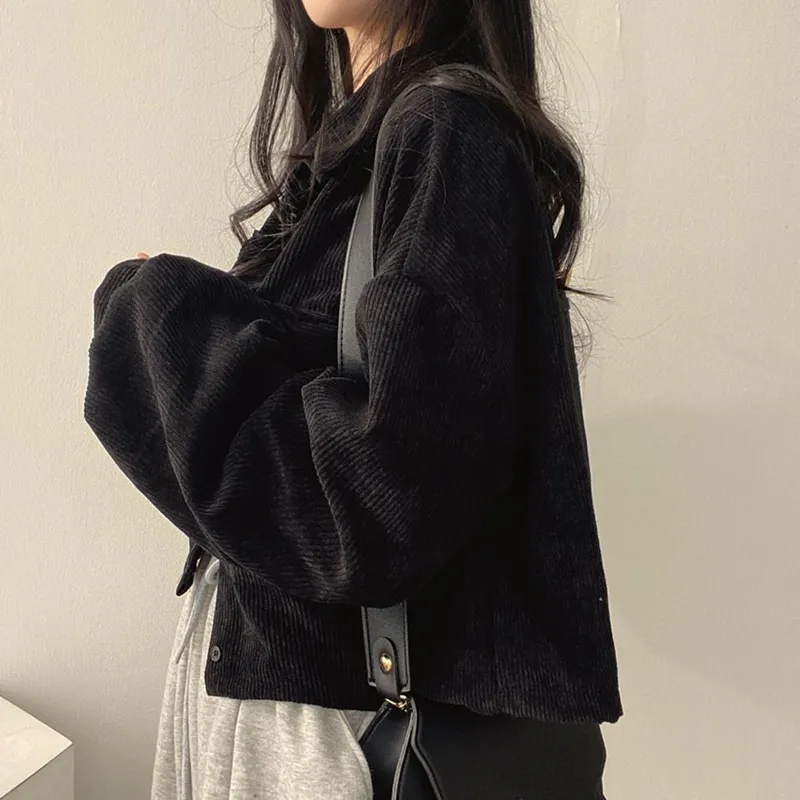 deanwangkt Autumn Retro Corduroy Blouse Women Single-Breasted Turndown Collar Cropped Jacket Female Pockets Casual Shirts Top - Deanwangkt