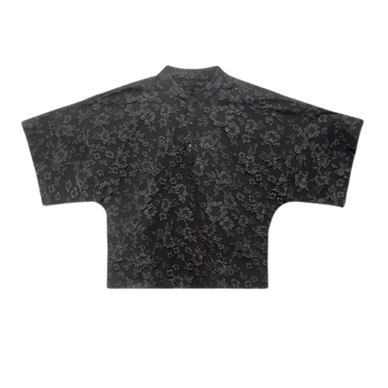 deanwangkt Women White Jacquard Big Size Blouse New Stand Collar Three-quarter Sleeve Shirt Fashion Tide Spring Autumn  1DF0855 - Deanwangkt