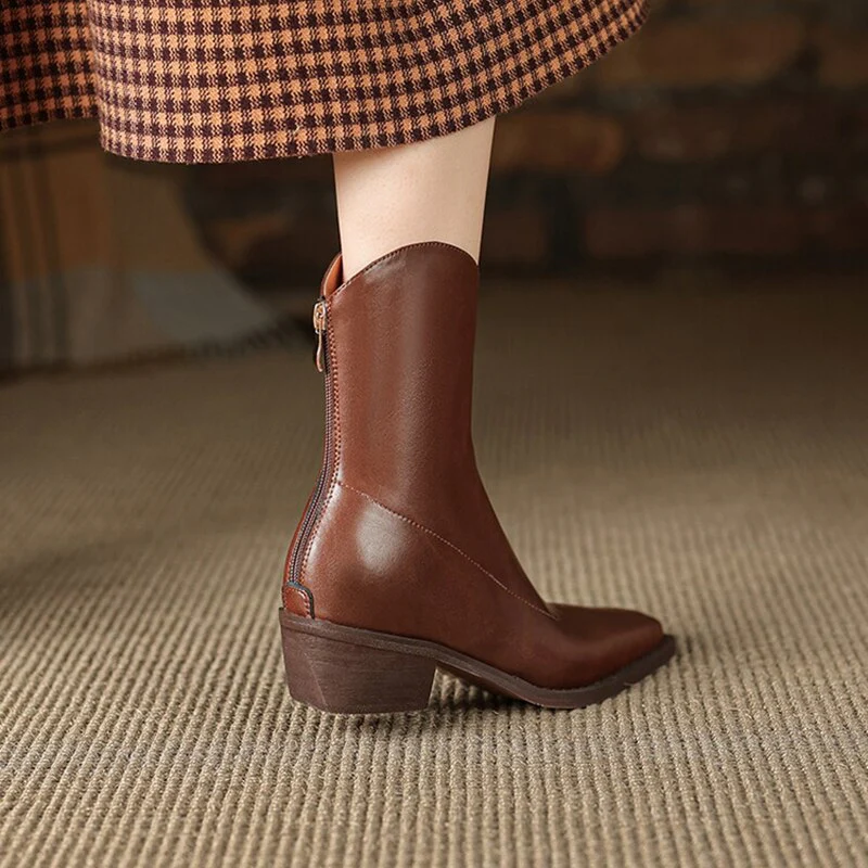 deanwangkt  fashion inspo   NEW Fashion Women Shoes Split Leather Boots Square Toe Chunky Heel Shoes Winter Zipper Western Boots Women Solid High Heel Boots - Deanwangkt