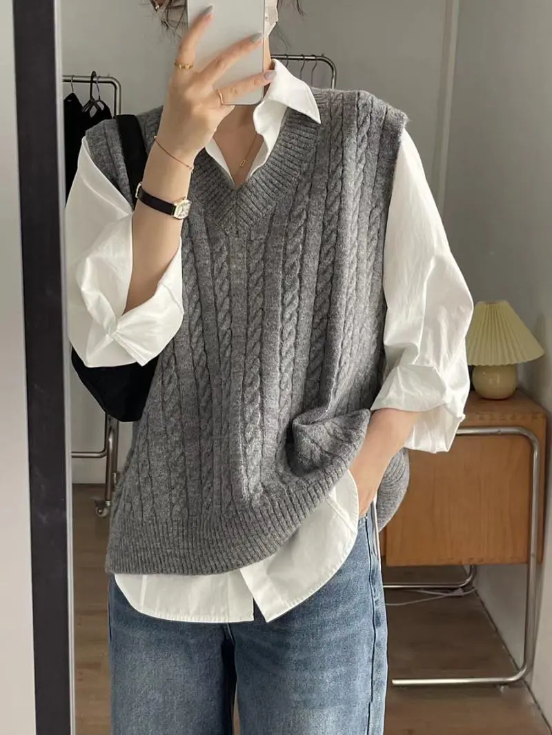 deanwangkt V Neck Knitted Vest Sweater Sleeveless Women Khaki Casual Pullover Black Autumn Winter Gray Jumper Fashion - Deanwangkt