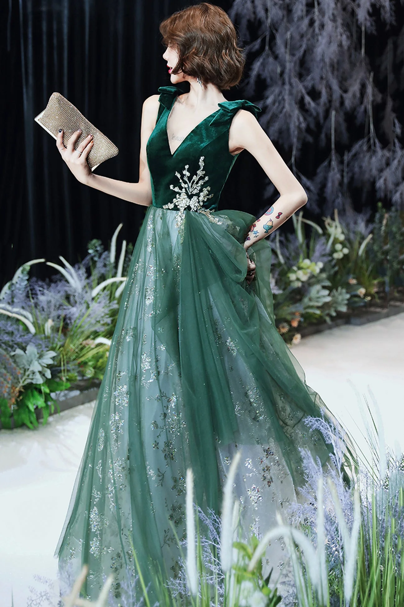 solvbao Green Velvet Tulle Long Prom Dresses, V-Neck Green Evening Dresses - Deanwangkt