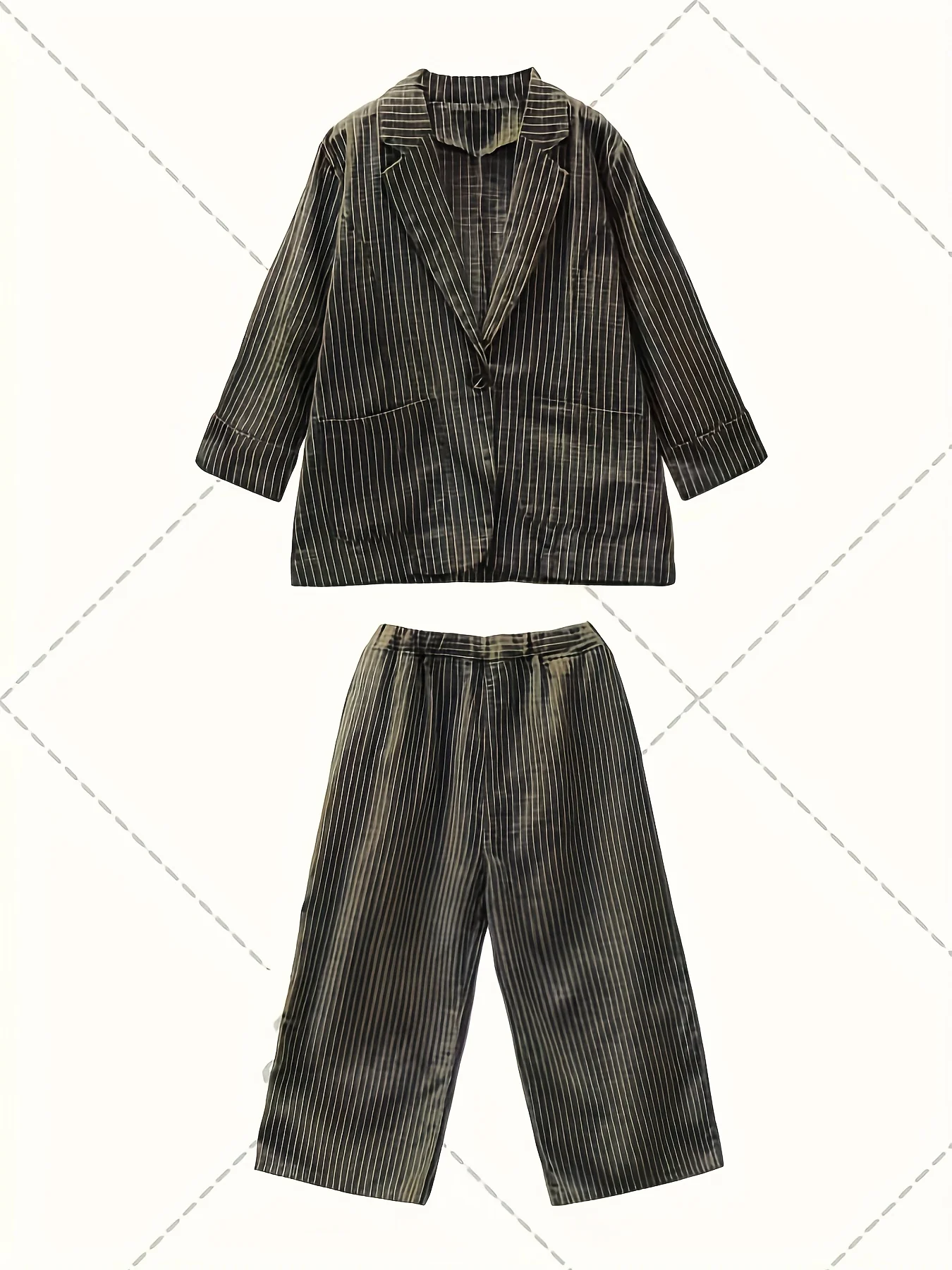 deanwangkt Striped Print Casual Two-piece Set, Lapel One Button Long Sleeve Blazer & Long Length Wide Leg Pants Outfits, Women's Clothing - Deanwangkt