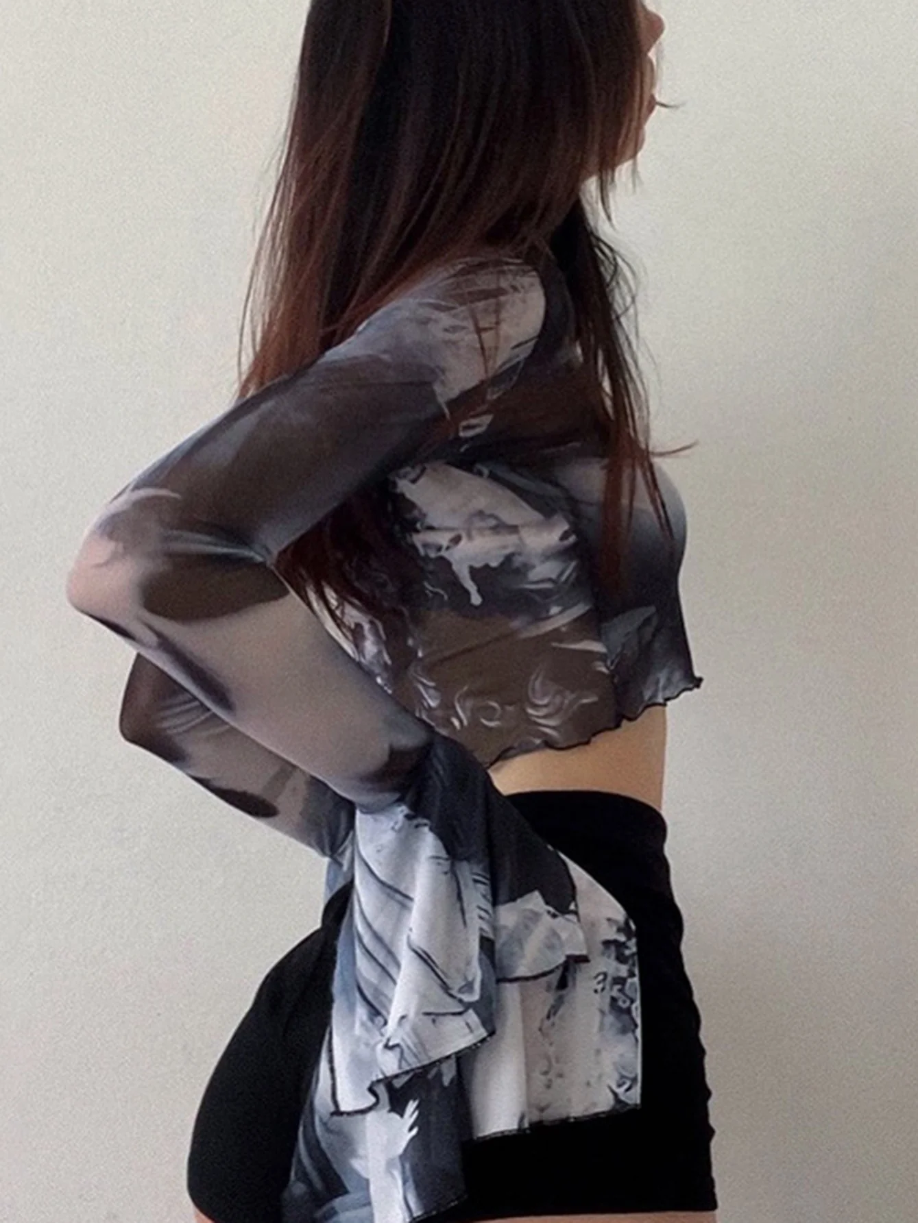 deanwangkt-1 Y2K Mesh Flared Sleeve Crop Top, Sexy Long Sleeve Crew Neck Top, Women's Clothing - Deanwangkt