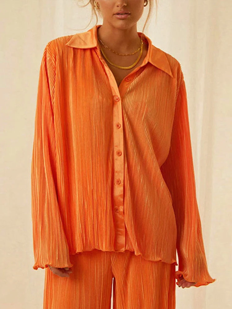 deanwangkt Back To School Causal Pleated Suit Women Elegant Long Sleeve Blouses Matching Wide Pants Suits Loose Shirts Two Piece Pant Set - Deanwangkt