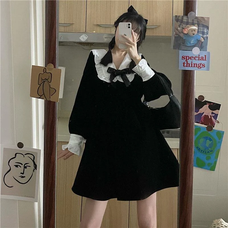 deanwangkt Kawaii Bow Dress Women Japanese Preppy Style Long Sleeve Mini Dresses Black Goth Vintage Lolita Outfits Sweet Streetwear - Deanwangkt