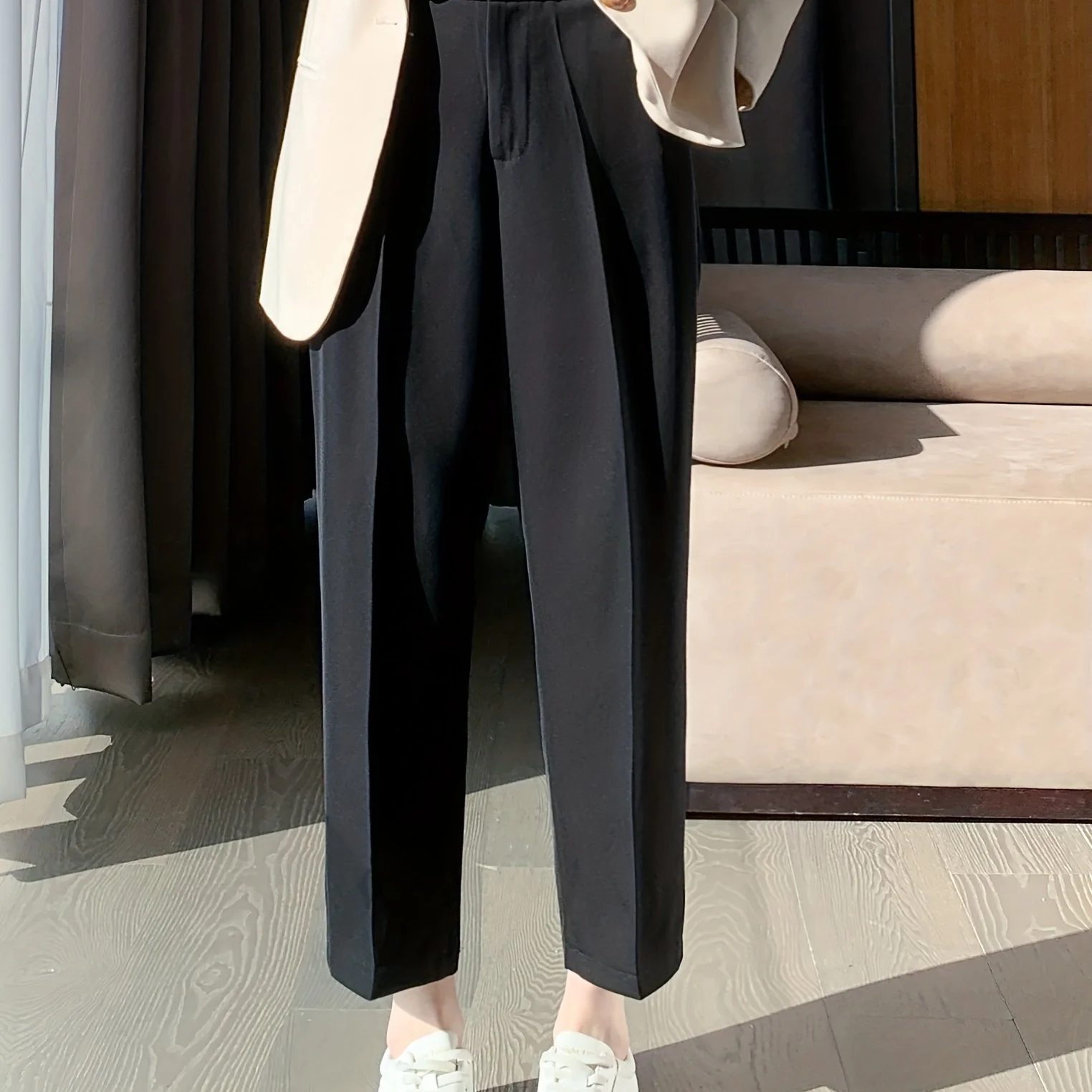 deanwangkt-1  Solid Cropped Tailored Pants, Casual Back Elastic Waist Pants, Women's Clothing - Deanwangkt