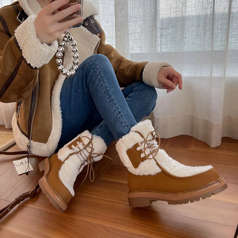 deanwangkt  fashion inspo   NEW Winter Boots Women Split Leather Shoes for Women Round Toe Chunky Heel Women Boots Platform Snow Boots Warm Plush Boots - Deanwangkt