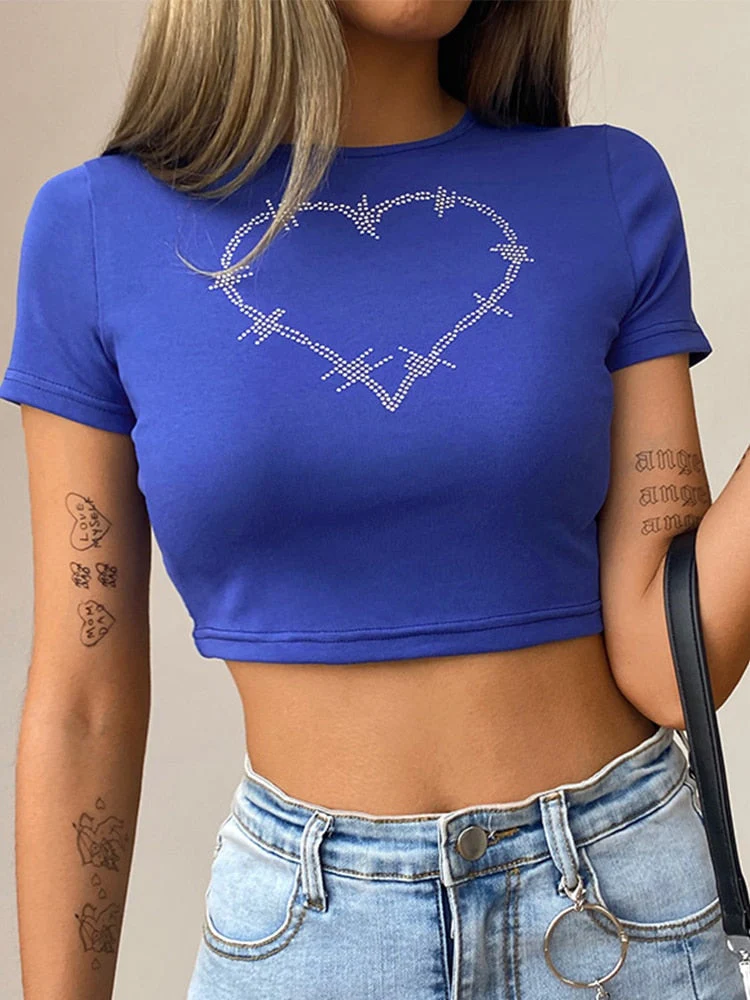 Top Women Short Sleeve T-Shirts Graphic T Shirt Aesthetics O Neck Rhinestone Tees Casual Black Crop Top E-Girl Y2K Clothes - Deanwangkt