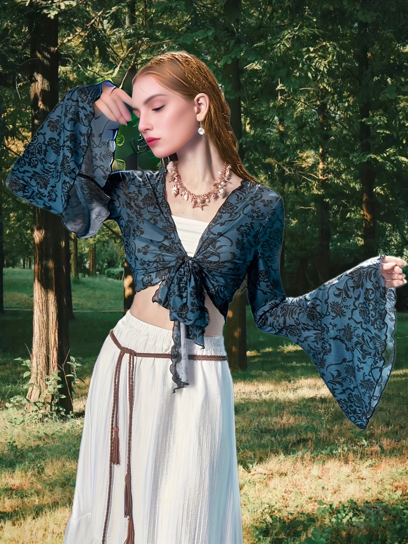 deanwangkt-1 Floral Pattern Tie Front Crop Top, Casual Long Sleeve Top For Spring & Summer, Women's Clothing - Deanwangkt