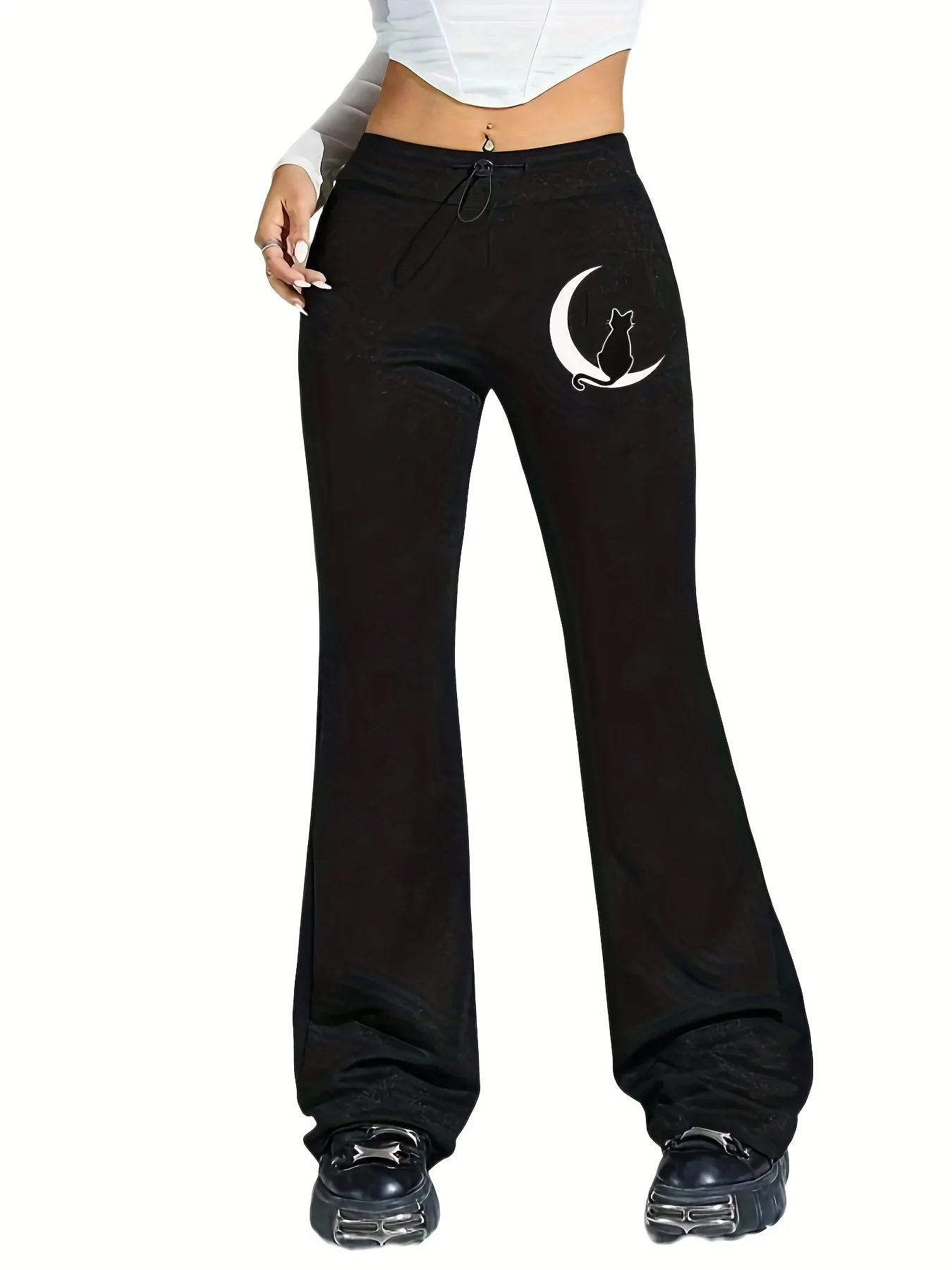 deanwangkt Plus Size Casual Pants, Women's Plus Cat & Moon Print Flared Leg Drawstring Skinny Pants - Deanwangkt