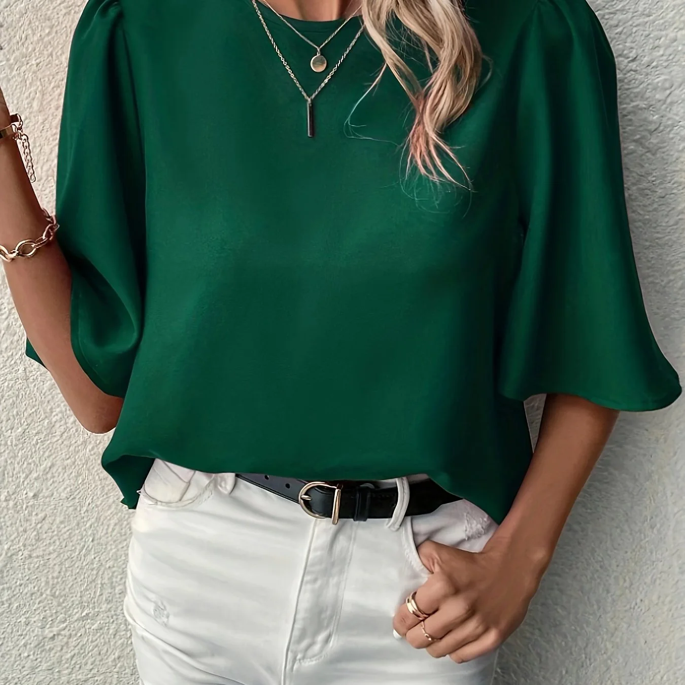 deanwangkt Solid Crew Neck Blouse, Elegant Ruffle Sleeve Blouse, Women's Clothing - Deanwangkt