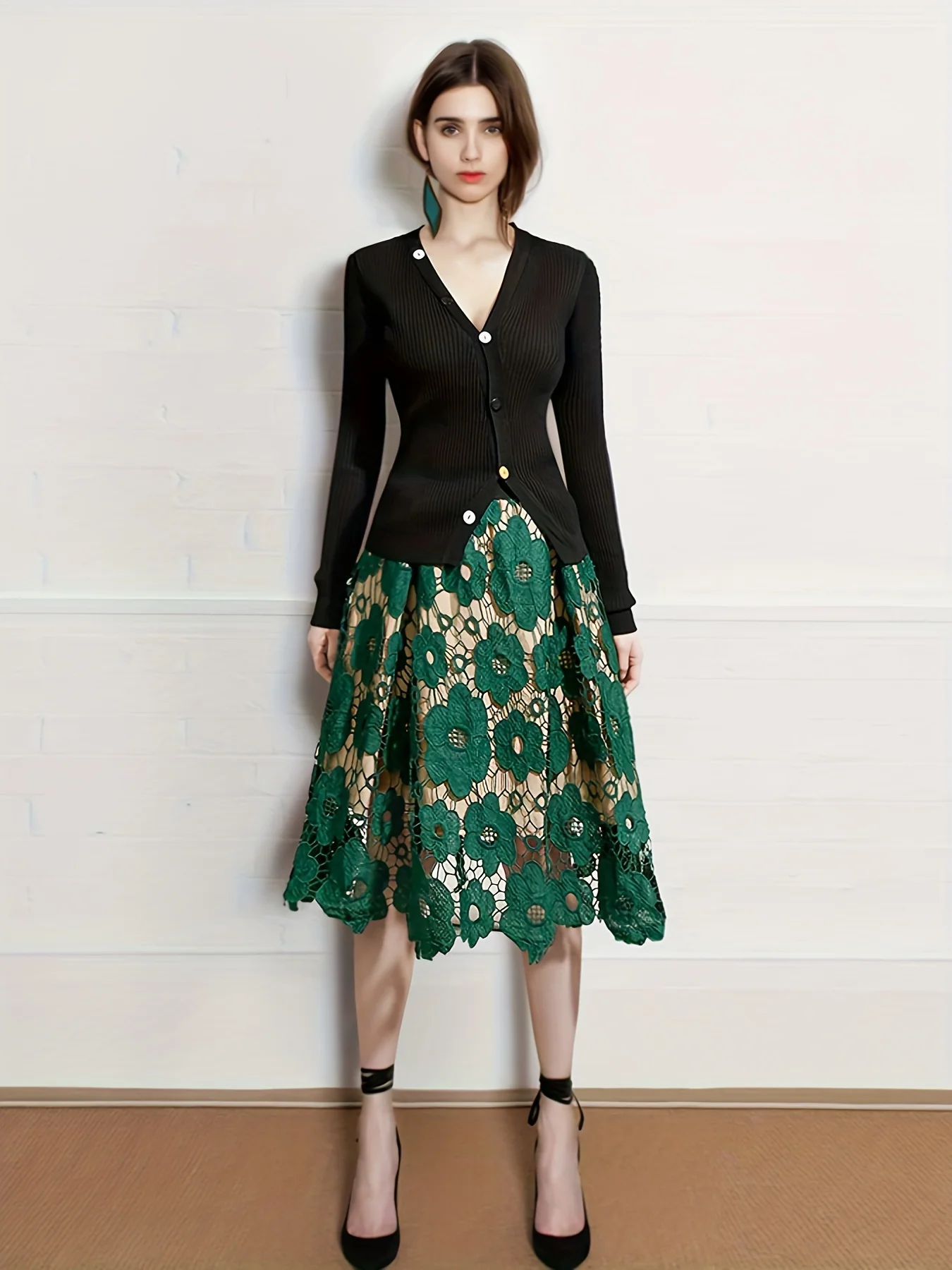 Guipure Lace Midi Skirts, Elegant High Waist Floral Pattern Skirts, Women's Clothing - Deanwangkt