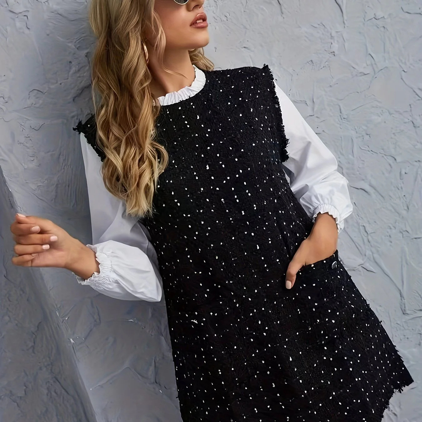 Solid Simple Mini Dress, Elegant Crew Neck Pocket Front Dress, Women's Clothing - Deanwangkt