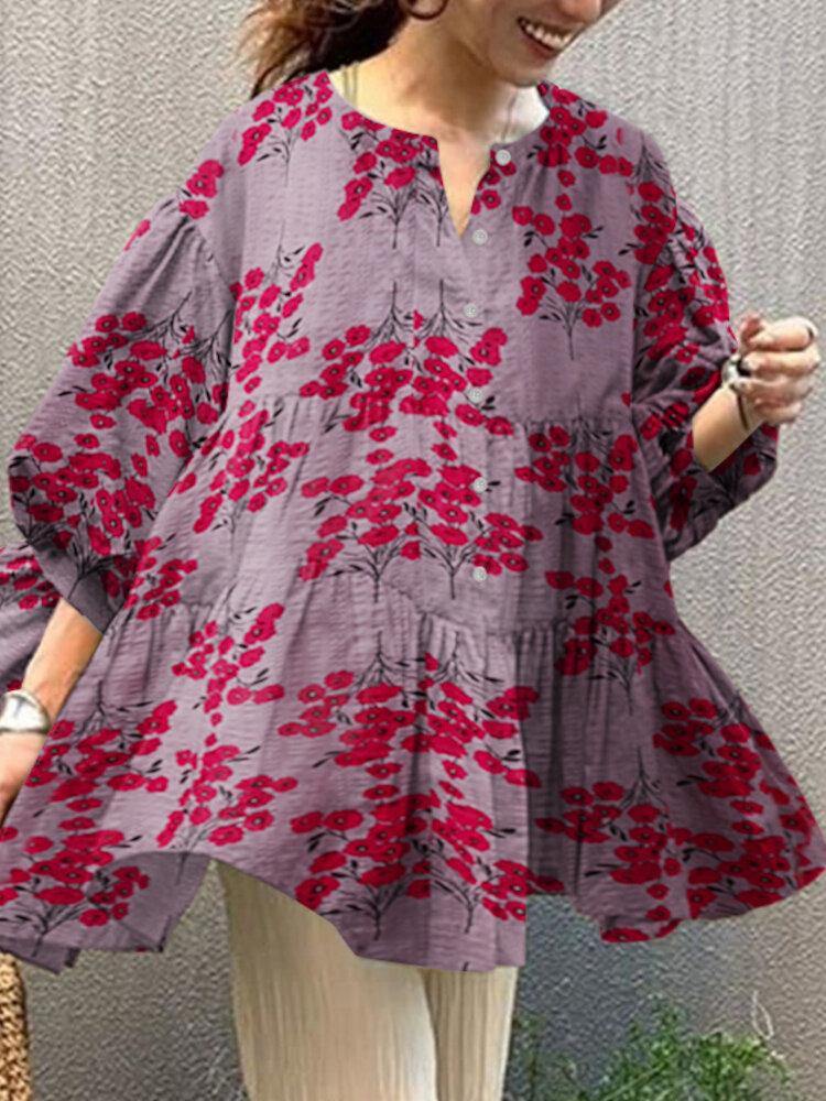 deanwangkt Flower Print Button Front Ruffle Pleated Casual Puff Sleeve Blouses For Women - Deanwangkt