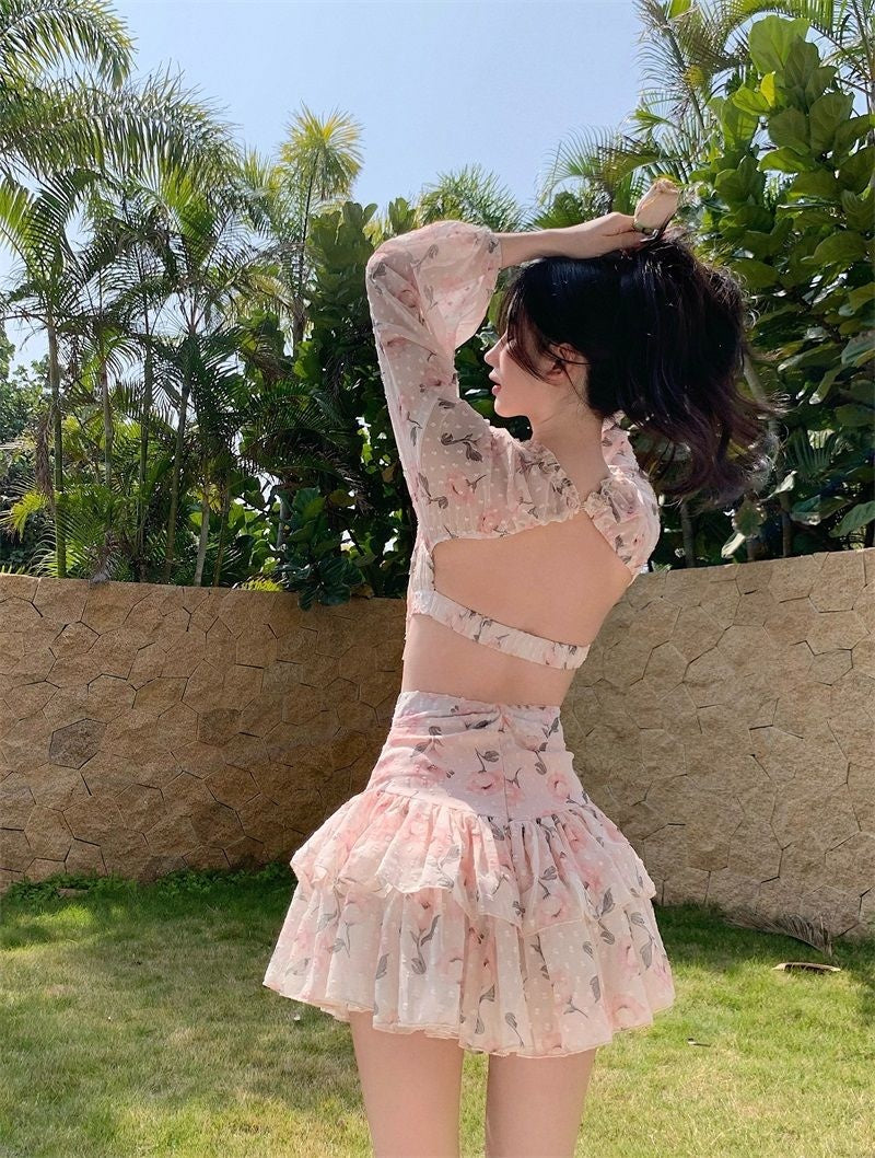 deanwangkt Spring Summer Sweet Two Piece Set Sexy Backless Shirt Crop Top + Cake Skirt Suits Floral Chiffon Boho Beach Outfits  Fairy Dress  For Women - Deanwangkt