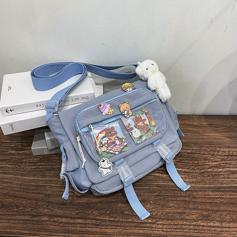 deanwangkt  Korean Student Preppy Style Messenger Bag Large-capacity Shoulder Bag Women Nylon Bag Transparent Pocket Crossbody Bag Satchels - Deanwangkt