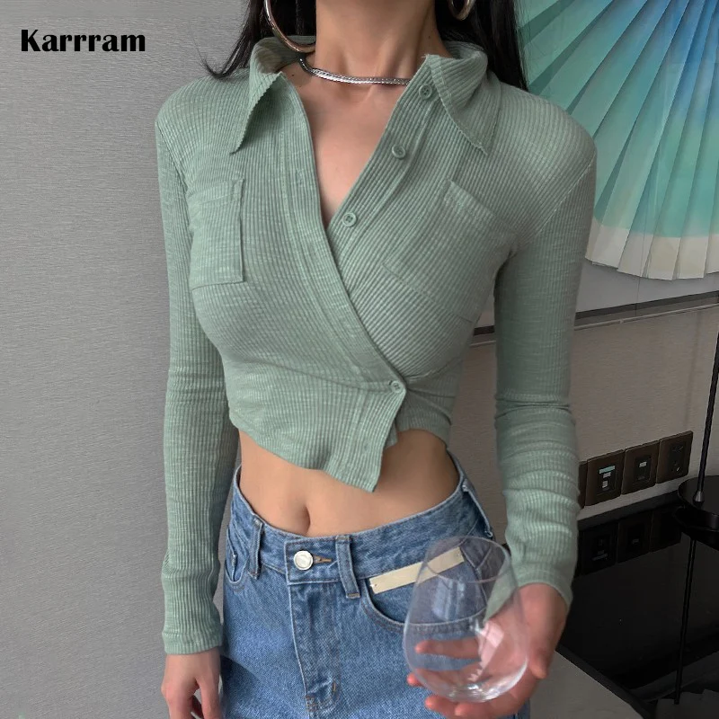 deanwangkt Korean Style Sexy Slim Mint Green Shirt Women Ribbed Irregular Crop Top Autumn Fashion Designer Clothes Ladies Blouses - Deanwangkt