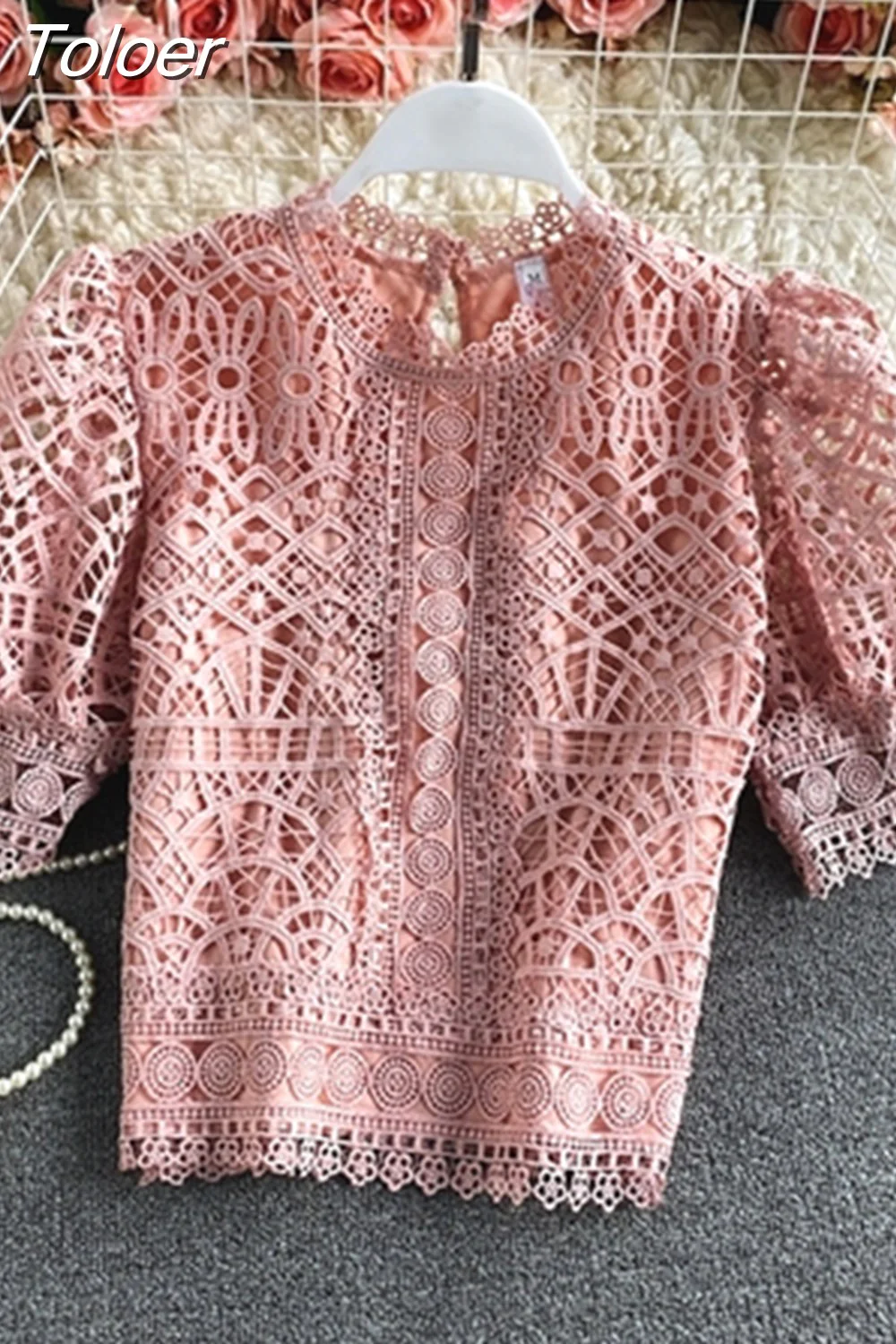 deanwangkt Mujer De Moda  Vintage Puff Sleeve Blouses Hollow Out Crochet Floral Crop Tops Korean Summer Elegant Lace Shirts - Deanwangkt