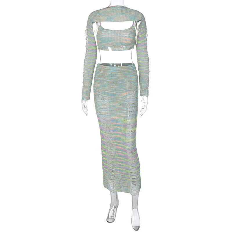 BACK TO COLLEGE    Elegant Women's Autumn Long Sleeve Tops Camisoles Skirts 3 Pieces Set Streetwear Fashion Hollow Out Holes Knitted Sets - Deanwangkt