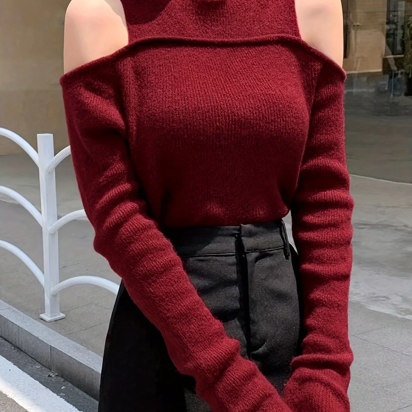 deanwangkt Cold Shoulder Solid Knit Sweater, Elegant Crew Neck Long Sleeve Sweater, Women's Clothing - Deanwangkt