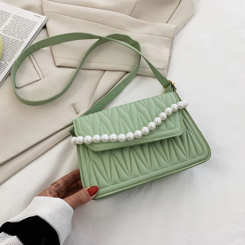 deanwangkt BACK TO COLLEGE    Pearl Chain Strap Handbags For Women Designer Pu Leather Shoulder Bag Plaid Simple Female Crossbody Bag Small Square Bag - Deanwangkt