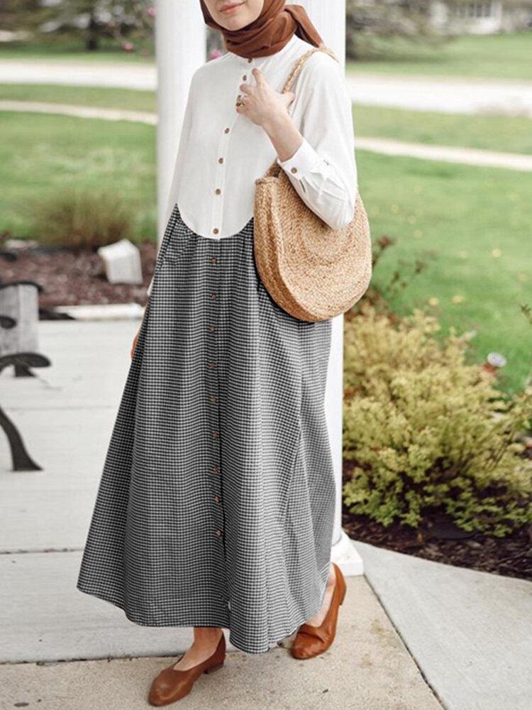 deanwangkt Vintage Plaid Print Patchwork Long Sleeve Button Holiday Maxi Shirt Dress - Deanwangkt