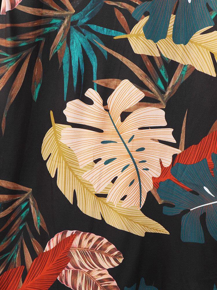 deanwangkt Women Plant Leaves Print Long Sleeve Zipper Elegant Midi Dress - Deanwangkt