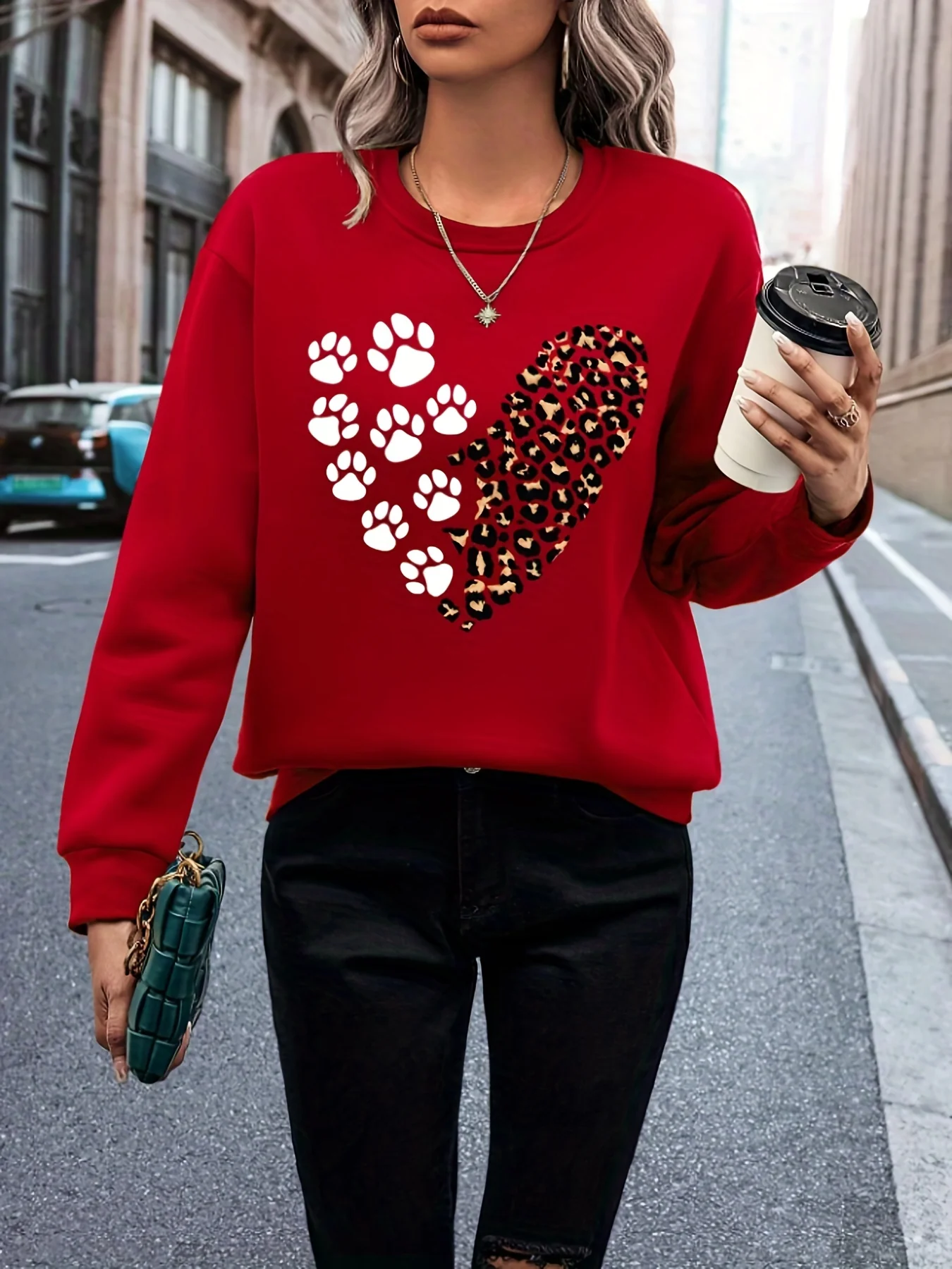 deanwangkt Leopard & Paw Print Pullover Sweatshirt, Casual Long Sleeve Crew Neck Sweatshirt For Fall & Winter, Women's Clothing - Deanwangkt