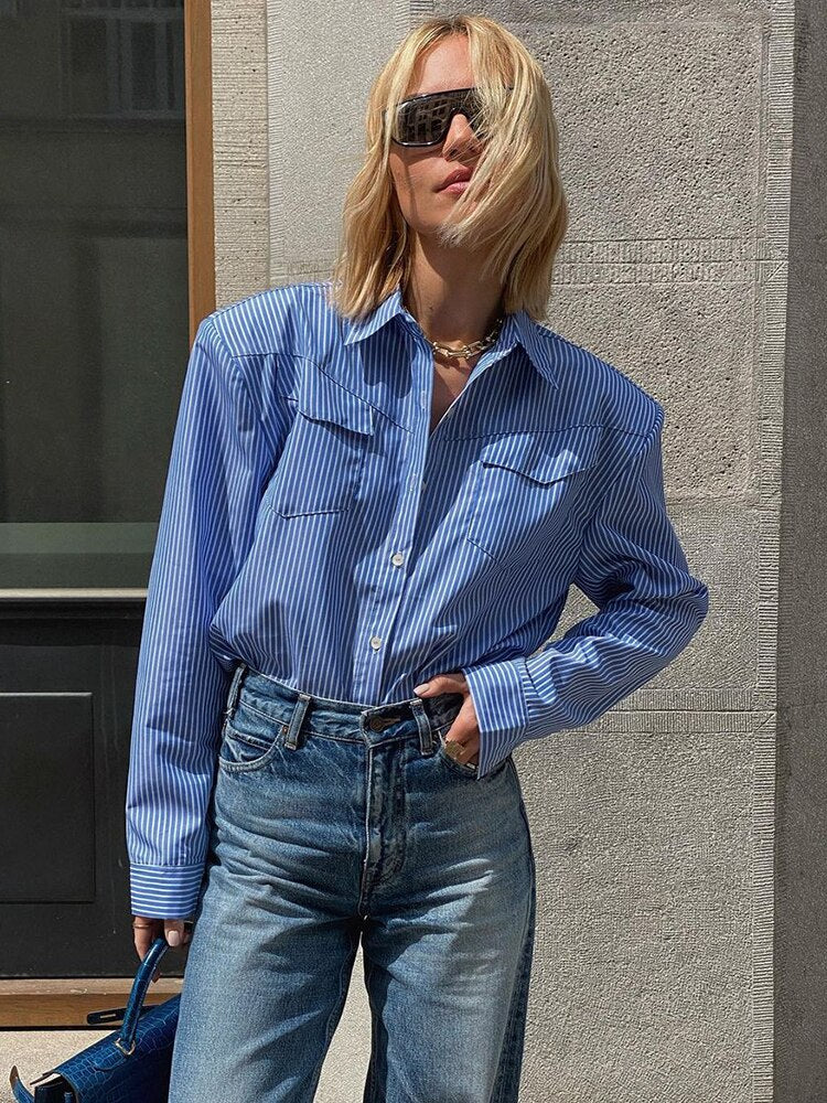 deanwangkt Long Sleeves Stripe Shirts Woman Fashion Office Ladies Blue Lapel Blouses With Shoulder Pads Streak Chic Tops - Deanwangkt
