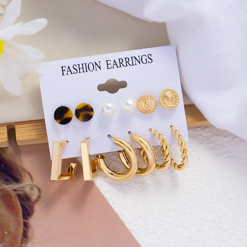 DEANWANGKT Boho Women's Earrings Vintage Punk Gold Color Metal Acrylic Big Circle Pearls Hoop Earring Set for Woman Girl Trend Jewelry - Deanwangkt