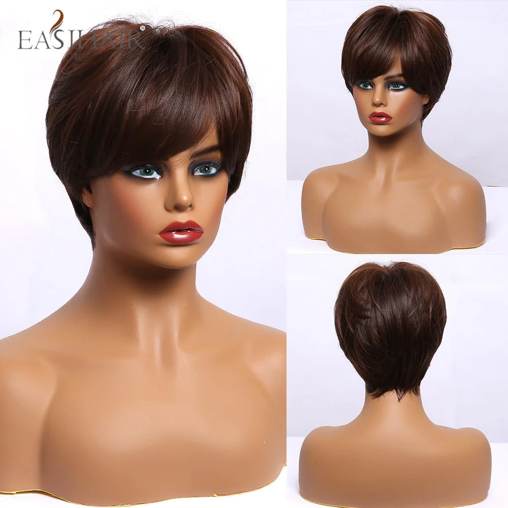 deanwangkt  Short Hair Wig With Bangs Pixie Cut Ombre Black Ash Light Blonde Synthetic Wigs For Women Cosplay Wigs Heat Resistant - Deanwangkt