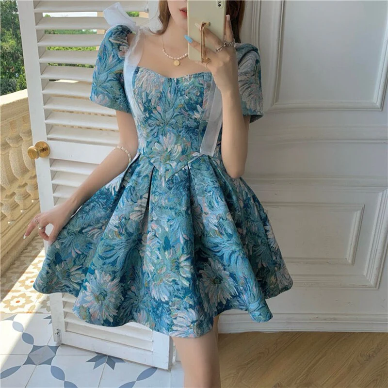 deanwangkt Fairy Dress Spring Floral Mini Dress  Spring  Puff Sleeve High Waist Korean A- line Femme Vintage Short Sleeve Party Dress Women Chic - Deanwangkt