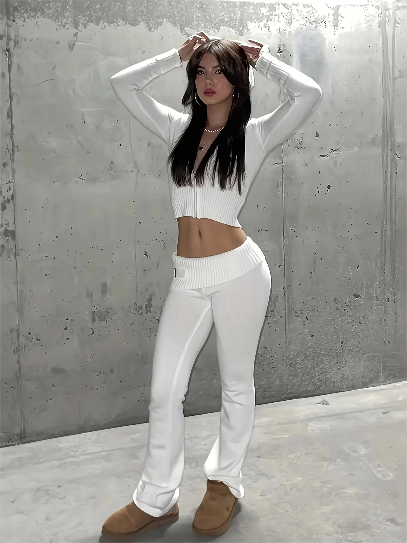 deanwangkt  Solid Knitted Casual Two-piece Set, Zip Up Hooded Crop Top & Pants Outfits, Women's Clothing - Deanwangkt