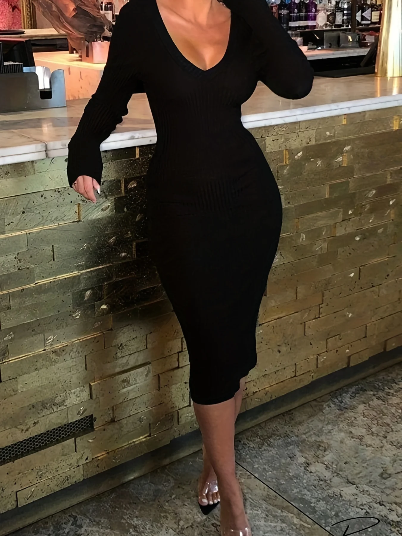 Solid Simple Dress, Casual V Neck Long Sleeve Bodycon Dress, Women's Clothing - Deanwangkt