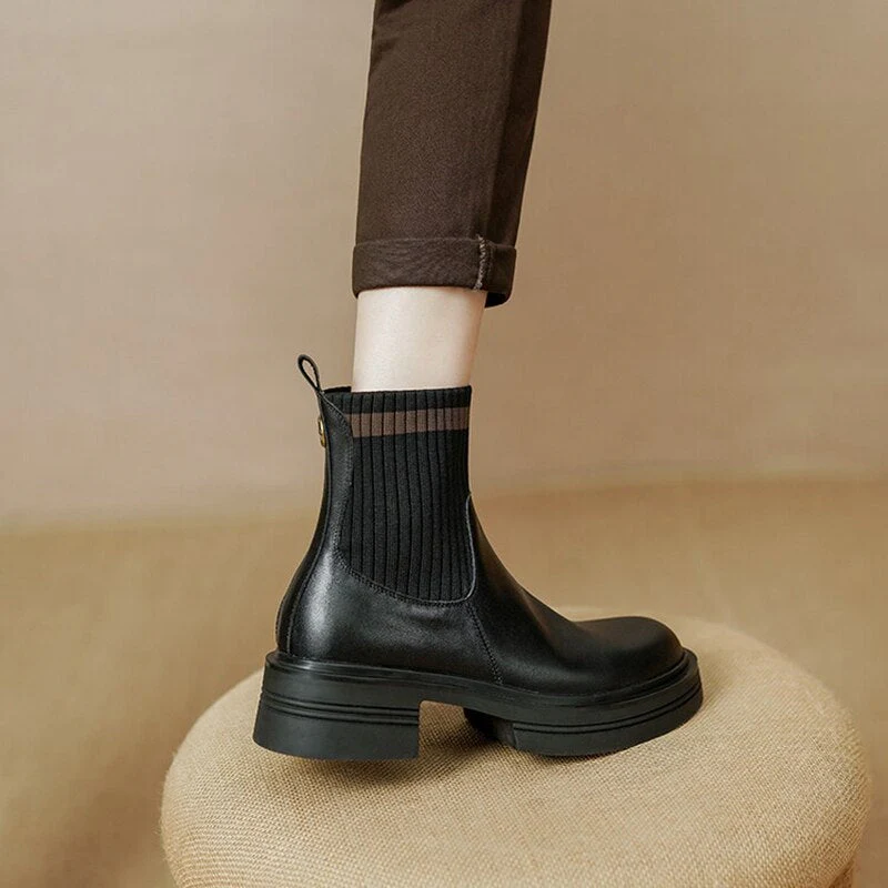deanwangkt  fashion inspo    Autumn Women Ankle Boots Round Toe Chunky Heel Boots Women Genuine leather Shoes Women Slip-on Black Boots Winter Shoes Women - Deanwangkt