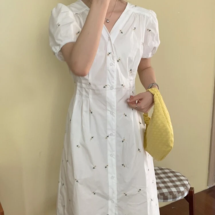 Joskka  New Women Summer Dresses Casual Embroidery Floral Puff Sleeve Buttons High Waist Vintage Back Hollow Out Long Dress - Deanwangkt
