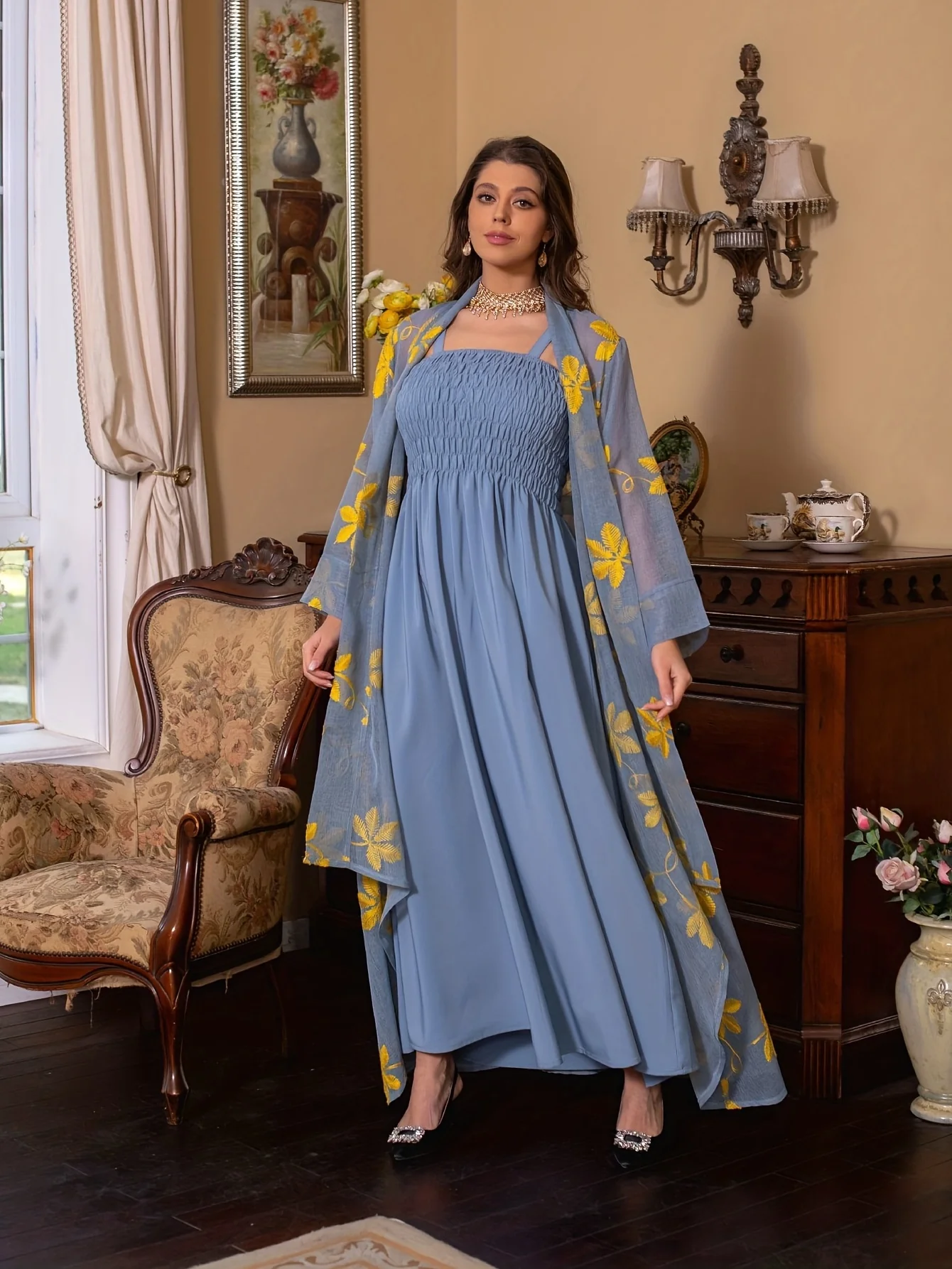 deanwangkt-1  Leaf Print Two-piece Dress Set, Shirred Tank Ankle Dress & Long Sleeve Irregular Hem Mesh Cardigan Outfits, Women's Clothing - Deanwangkt