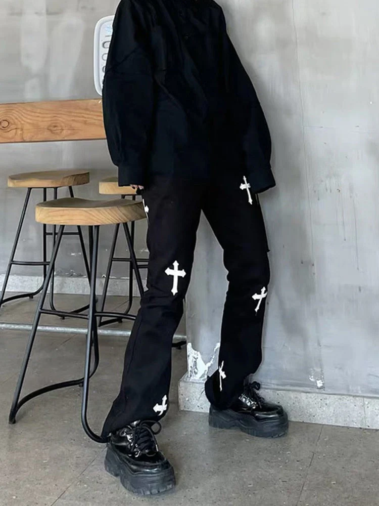 DEANWANGKT Gothic Denim Trousers Male Jeans For Men  Goth Flare Pants Men Jeans Pants Slim Fit Punk Rave Hip Hop Streetwear - Deanwangkt