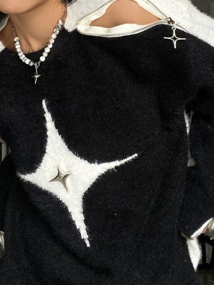 deanwangkt - Star Decor Zipper Cutout Loose Sweater - Deanwangkt