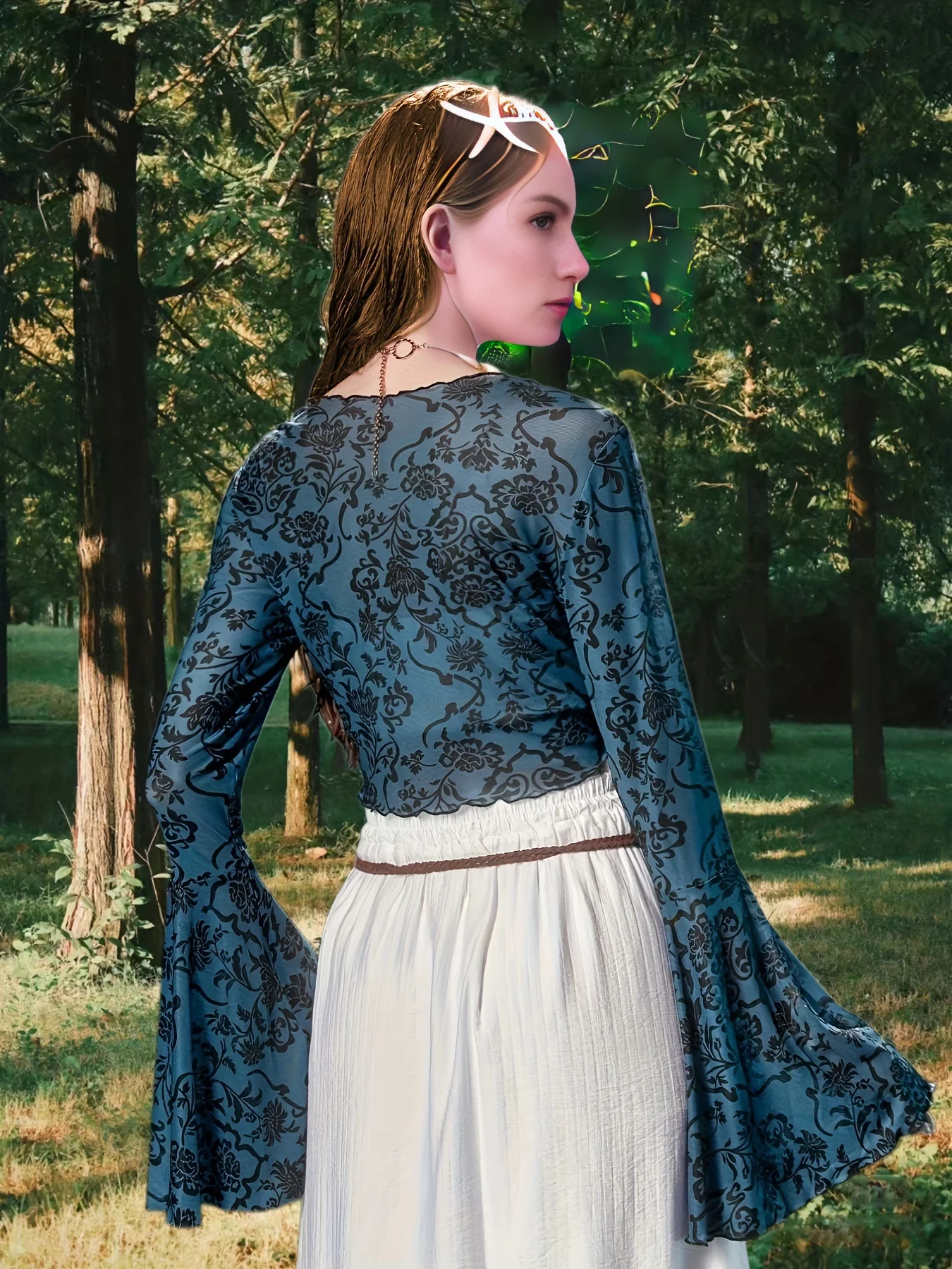 deanwangkt-1 Floral Pattern Tie Front Crop Top, Casual Long Sleeve Top For Spring & Summer, Women's Clothing - Deanwangkt