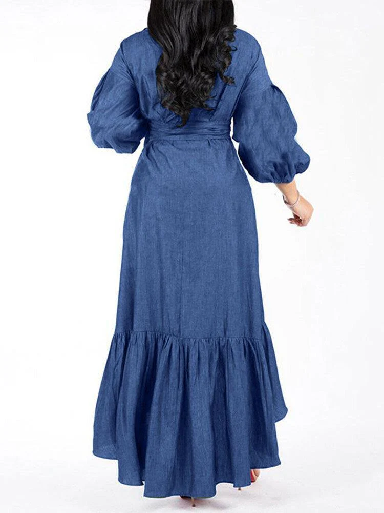 deanwangkt Women Denim Irregular Ruffle Hem Puff Sleeve Belted V-Neck Midi Dress - Trendy and Chic - Deanwangkt