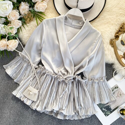 New Women Blouse V-neck Poplin Three Quarter Flare Sleeves Slim Blouse Ladies Casual Flounced Solid Draped Shirt Tops - Deanwangkt