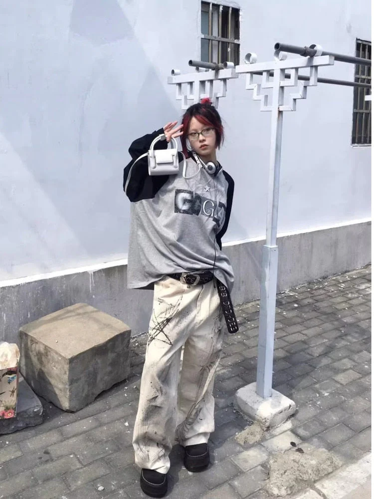 deanwangkt Original Speckler Artist Ink Graffiti Straight Tube Women's Jeans Loose Straight Tube Wide Leg Pants Casual Pants - Deanwangkt