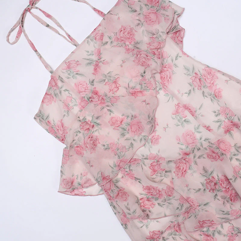 deanwangkt  Floral Print Spaghetti Strap Dresses Mini Women Sexy Backless Halter Neck Spring Summer Ruffle Casual Beach Dress - Deanwangkt