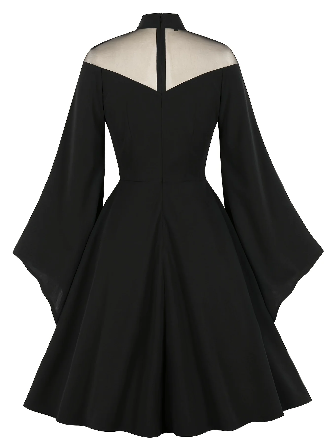 Plus Size Halloween Gothic Dress, Women's Plus Contrast Mesh Bell Sleeve High Neck Swing Party Dress - Deanwangkt