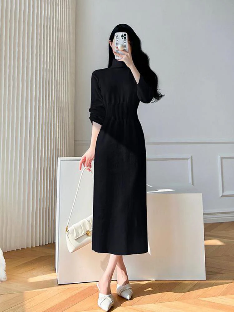 deanwangkt Korean White Fashions High Neck Knitted Warm Sweater Dress Autumn Winter Female Black Classy Retro Slim Waist Long Dress Simple - Deanwangkt