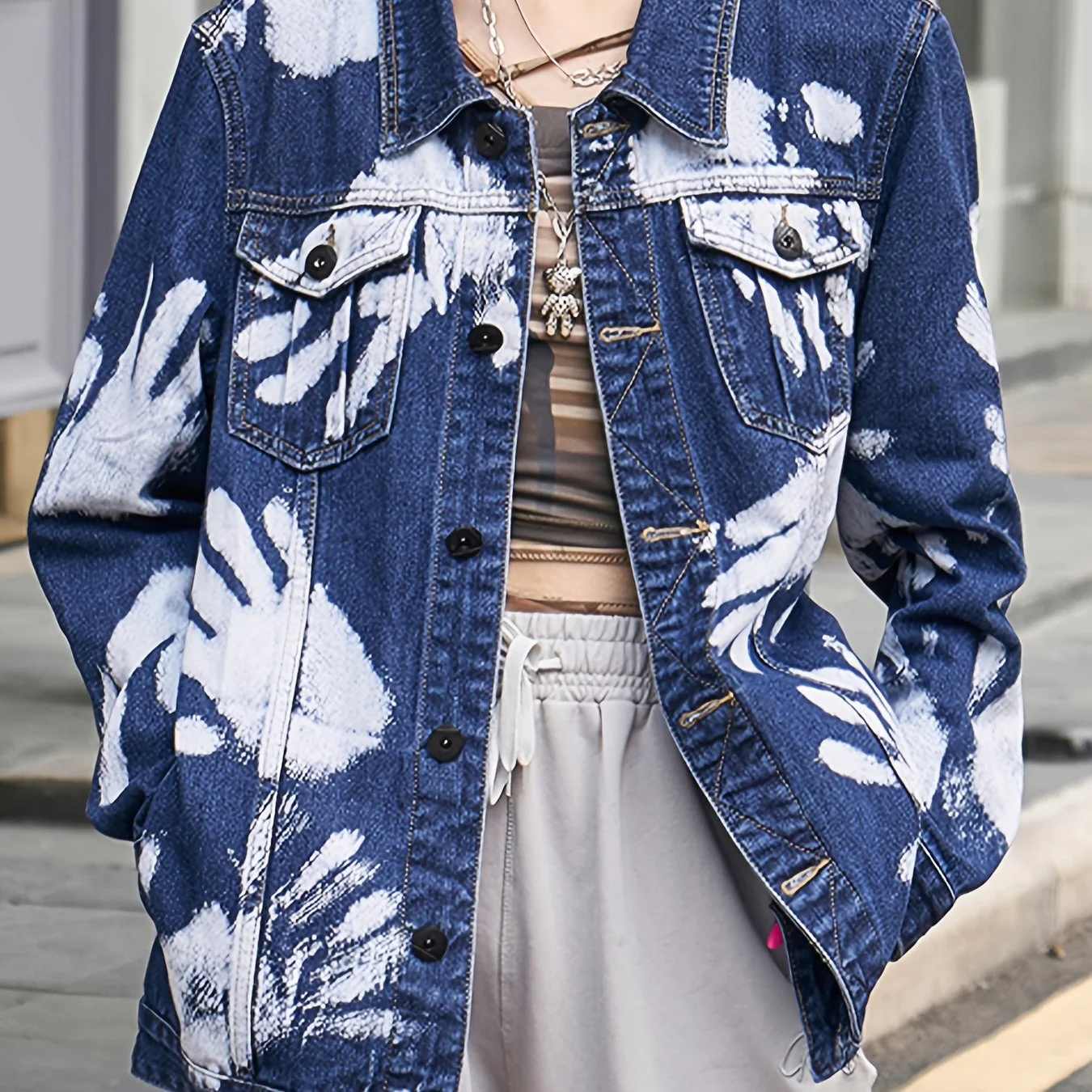 Blue Hand Shaped Graffiti Print Denim Jackets, Long Sleeves Personalized Lapel Denim Coats, Women's Denim Clothing - Deanwangkt